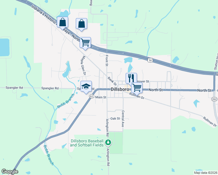 map of restaurants, bars, coffee shops, grocery stores, and more near 12977 North Street in Dillsboro