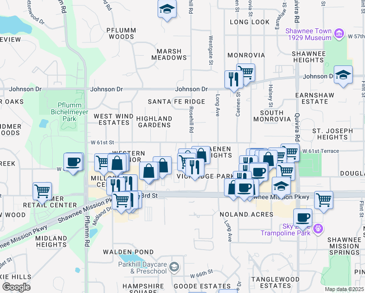 map of restaurants, bars, coffee shops, grocery stores, and more near 12715 West 61st Street in Shawnee