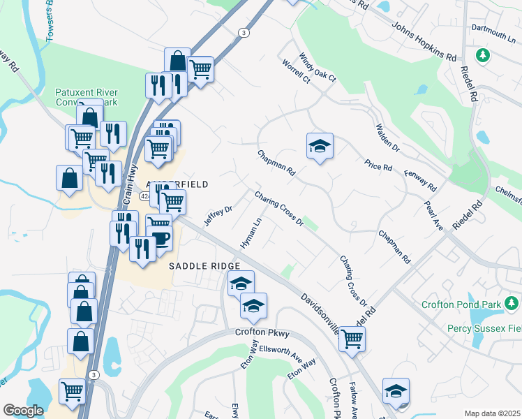 map of restaurants, bars, coffee shops, grocery stores, and more near 1828 Hyman Lane in Crofton