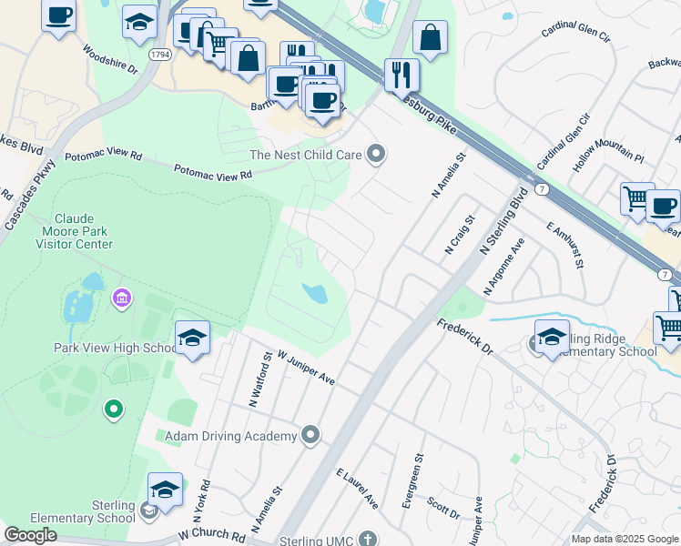 map of restaurants, bars, coffee shops, grocery stores, and more near 21894 Hawksbill High Circle in Sterling
