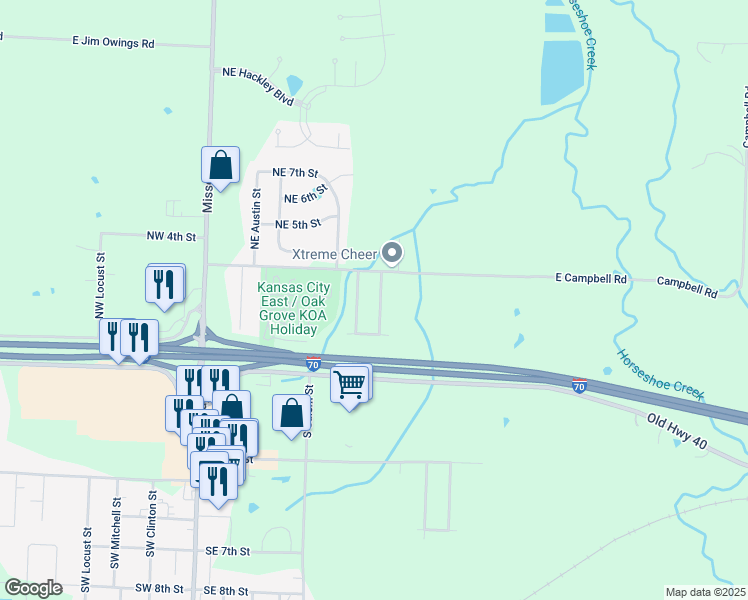 map of restaurants, bars, coffee shops, grocery stores, and more near 107A Northeast Dogwood in Oak Grove