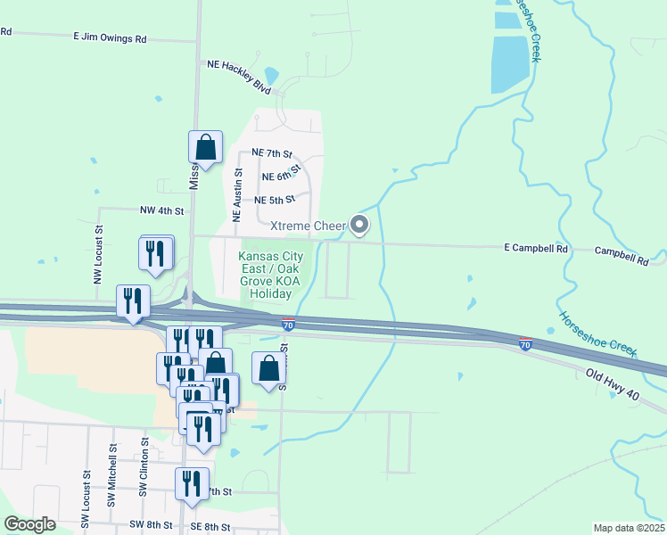 map of restaurants, bars, coffee shops, grocery stores, and more near 107A Northeast Dogwood in Oak Grove