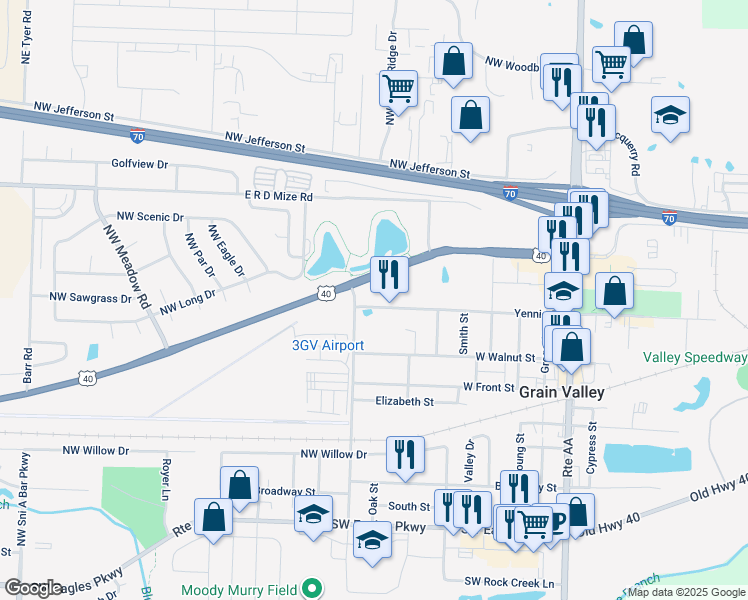 map of restaurants, bars, coffee shops, grocery stores, and more near 630 NW Yennie Street in Grain Valley