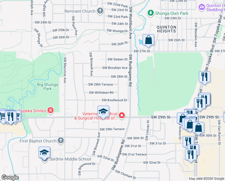map of restaurants, bars, coffee shops, grocery stores, and more near 1620 Southwest Withdean Road in Topeka