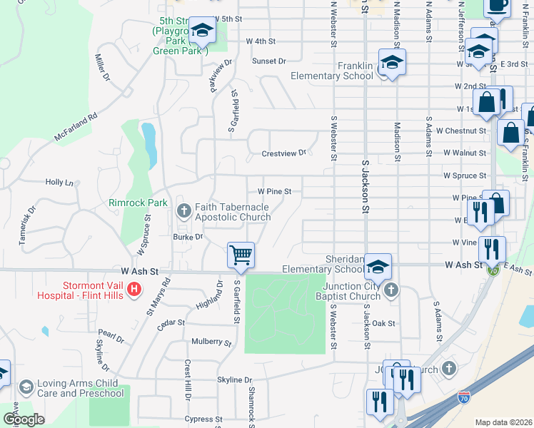 map of restaurants, bars, coffee shops, grocery stores, and more near 526 Sheridan Drive in Junction City