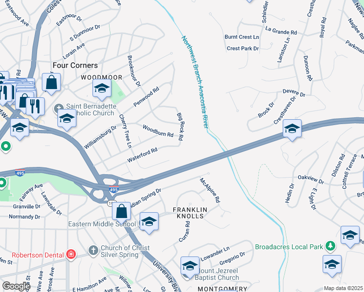 map of restaurants, bars, coffee shops, grocery stores, and more near 9907 Big Rock Road in Silver Spring