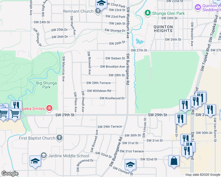 map of restaurants, bars, coffee shops, grocery stores, and more near 1620 Southwest Withdean Road in Topeka