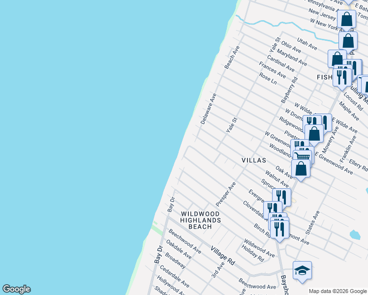 map of restaurants, bars, coffee shops, grocery stores, and more near 5 Beach Avenue in Villas
