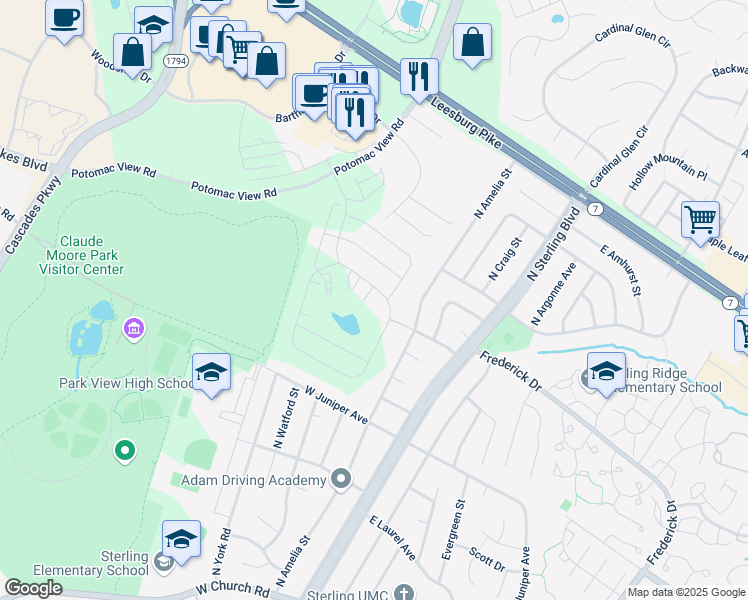 map of restaurants, bars, coffee shops, grocery stores, and more near 21894 Hawksbill High Circle in Sterling