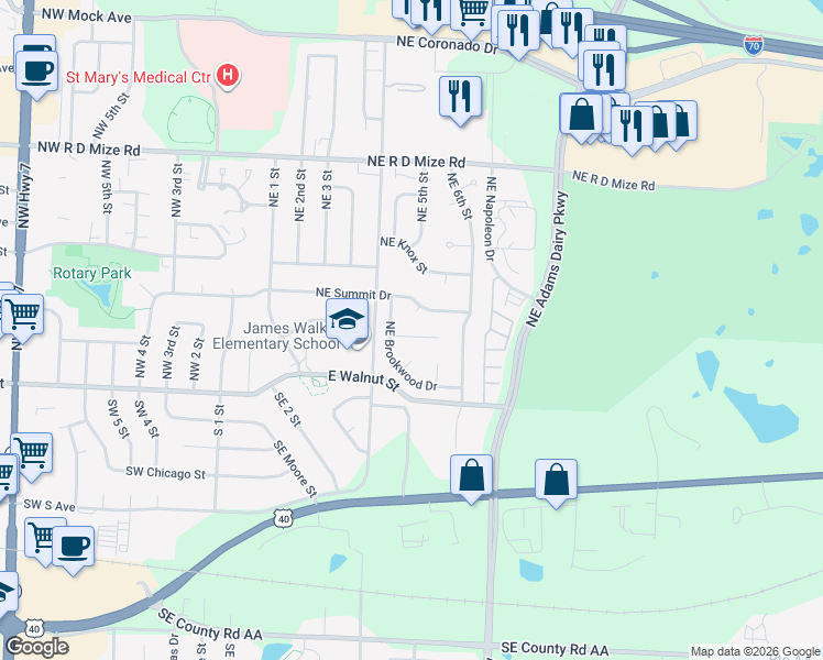 map of restaurants, bars, coffee shops, grocery stores, and more near 509 Wood Court in Blue Springs