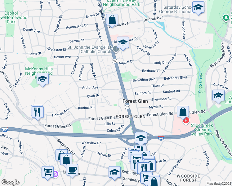 map of restaurants, bars, coffee shops, grocery stores, and more near 9900 Georgia Avenue in Silver Spring