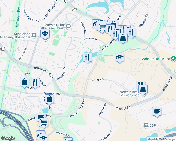 map of restaurants, bars, coffee shops, grocery stores, and more near 21710 Pattyjean Terrace in Ashburn