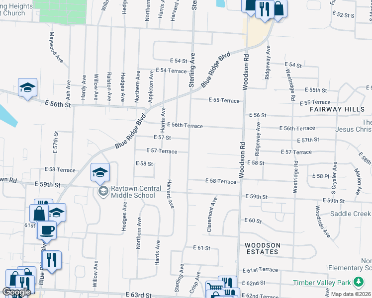 map of restaurants, bars, coffee shops, grocery stores, and more near 11124 East 57 Terrace in Raytown