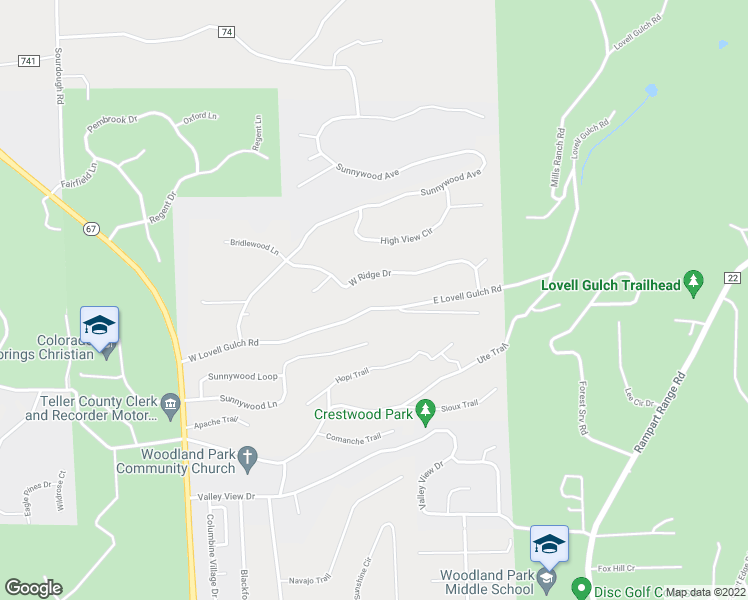 map of restaurants, bars, coffee shops, grocery stores, and more near 220 West Lovell Gulch Road in Woodland Park