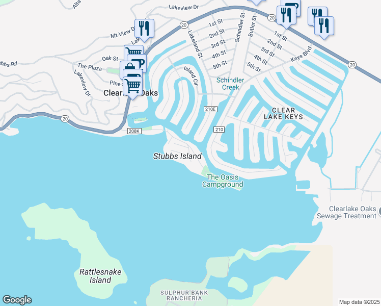 map of restaurants, bars, coffee shops, grocery stores, and more near 12929 Oak Knoll Avenue in Clearlake Oaks