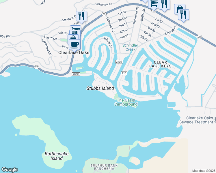 map of restaurants, bars, coffee shops, grocery stores, and more near 12929 Oak Knoll Avenue in Clearlake Oaks