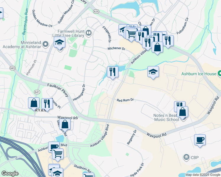 map of restaurants, bars, coffee shops, grocery stores, and more near 21654 Romans Drive in Ashburn