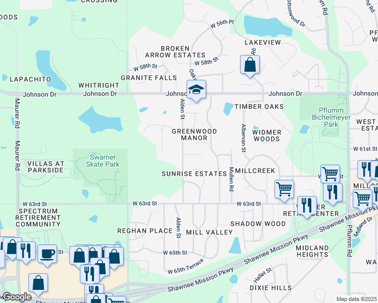 map of restaurants, bars, coffee shops, grocery stores, and more near 6110 Alden Street in Shawnee