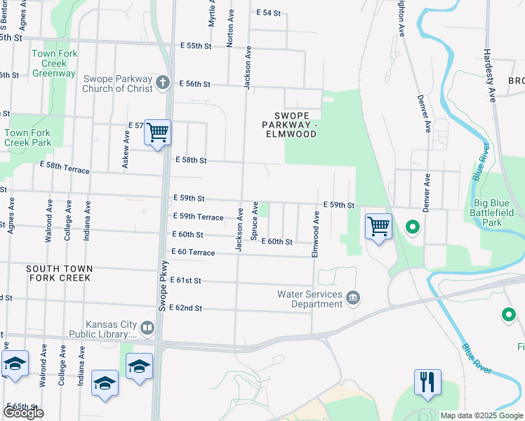 map of restaurants, bars, coffee shops, grocery stores, and more near 5905 Spruce Avenue in Kansas City