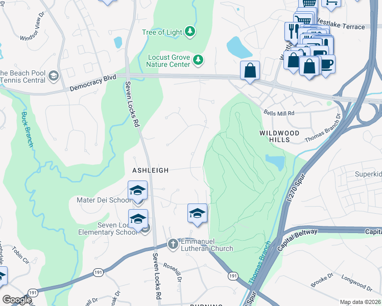 map of restaurants, bars, coffee shops, grocery stores, and more near 9908 Carter Road in Bethesda