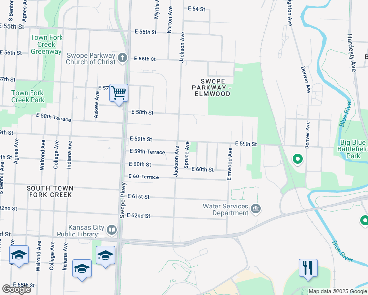 map of restaurants, bars, coffee shops, grocery stores, and more near 5905 Spruce Avenue in Kansas City