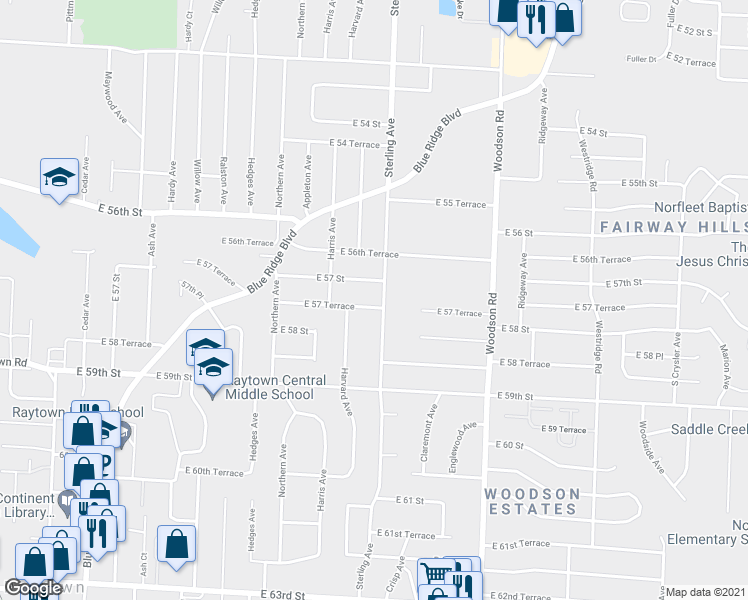 map of restaurants, bars, coffee shops, grocery stores, and more near 11116 East 57th Terrace in Raytown