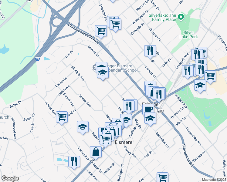 map of restaurants, bars, coffee shops, grocery stores, and more near 211 Bartlett Avenue in Erlanger