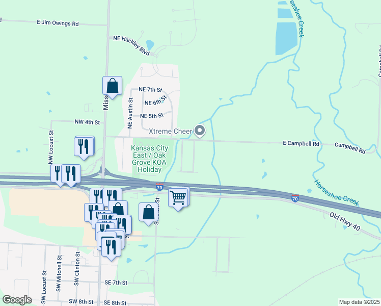 map of restaurants, bars, coffee shops, grocery stores, and more near 107A Northeast Dogwood in Oak Grove