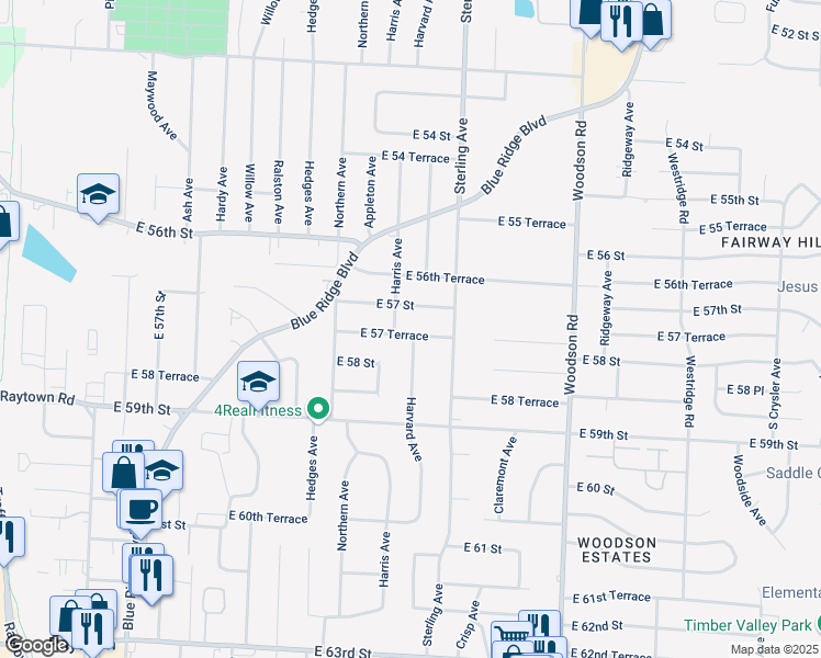 map of restaurants, bars, coffee shops, grocery stores, and more near 11016 East 57 Terrace in Raytown
