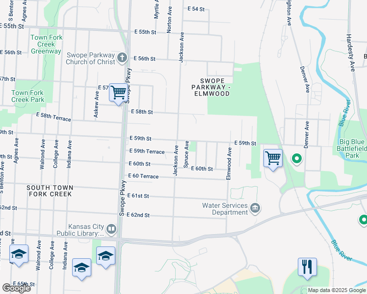 map of restaurants, bars, coffee shops, grocery stores, and more near 5905 Spruce Avenue in Kansas City