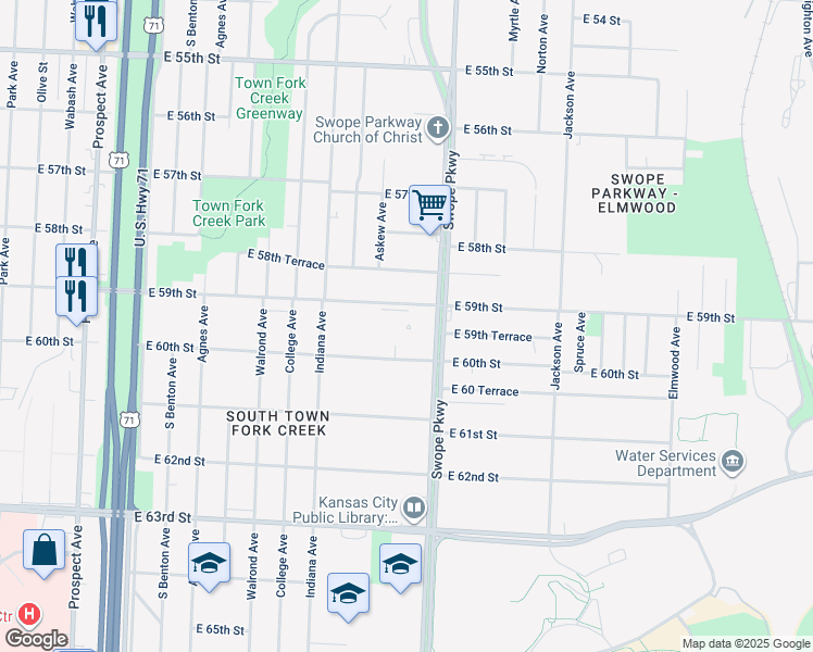 map of restaurants, bars, coffee shops, grocery stores, and more near 5900 Swope Parkway in Kansas City