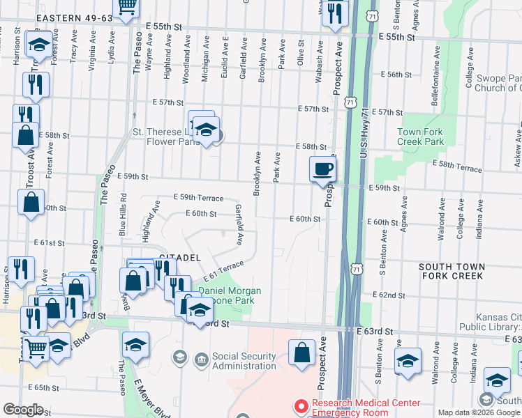 map of restaurants, bars, coffee shops, grocery stores, and more near 5937 Brooklyn Avenue in Kansas City