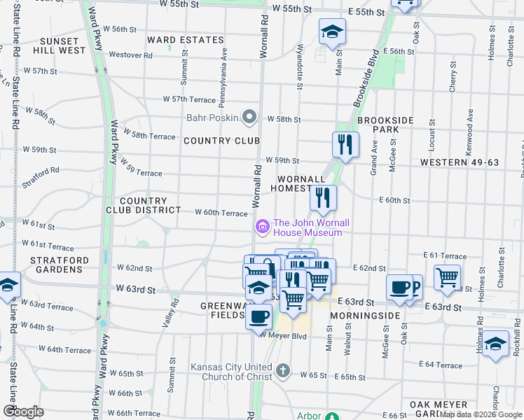 map of restaurants, bars, coffee shops, grocery stores, and more near 6025 Wornall Road in Kansas City