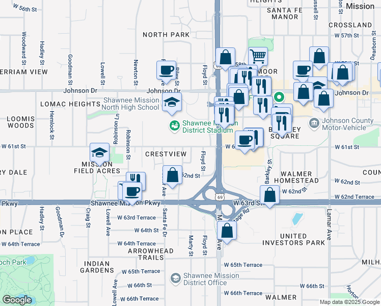 map of restaurants, bars, coffee shops, grocery stores, and more near 6115 Marty Street in Overland Park