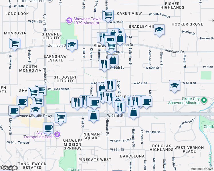 map of restaurants, bars, coffee shops, grocery stores, and more near 6115 Nieman Road in Shawnee