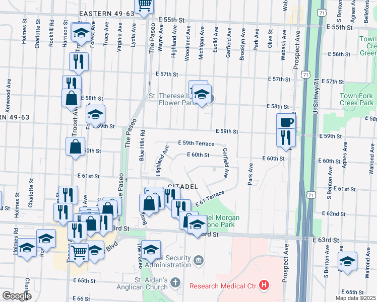 map of restaurants, bars, coffee shops, grocery stores, and more near 1802 East 60th Street in Kansas City