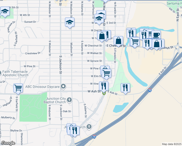 map of restaurants, bars, coffee shops, grocery stores, and more near 518 South Jefferson Street in Junction City