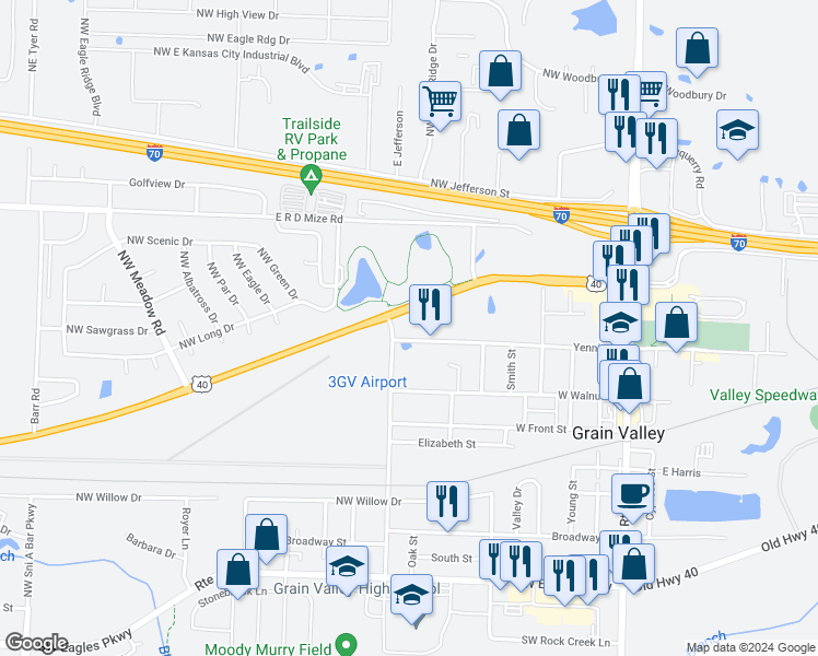 map of restaurants, bars, coffee shops, grocery stores, and more near 640 Yennie Street in Grain Valley