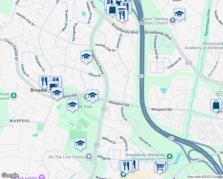 map of restaurants, bars, coffee shops, grocery stores, and more near 43126 Arundell Court in Broadlands