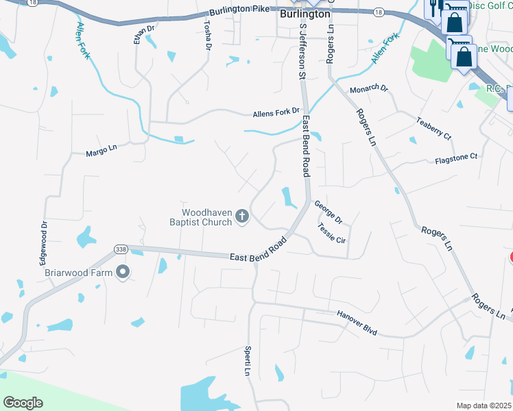 map of restaurants, bars, coffee shops, grocery stores, and more near 3117 Featherstone Drive in Burlington