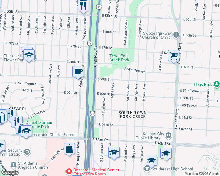 map of restaurants, bars, coffee shops, grocery stores, and more near 5931 Agnes Avenue in Kansas City