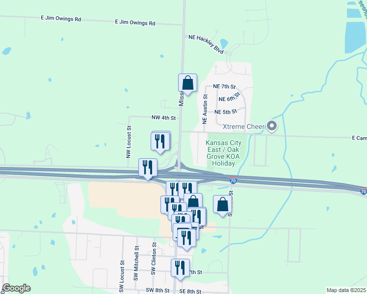 map of restaurants, bars, coffee shops, grocery stores, and more near 107 North Broadway Street in Oak Grove