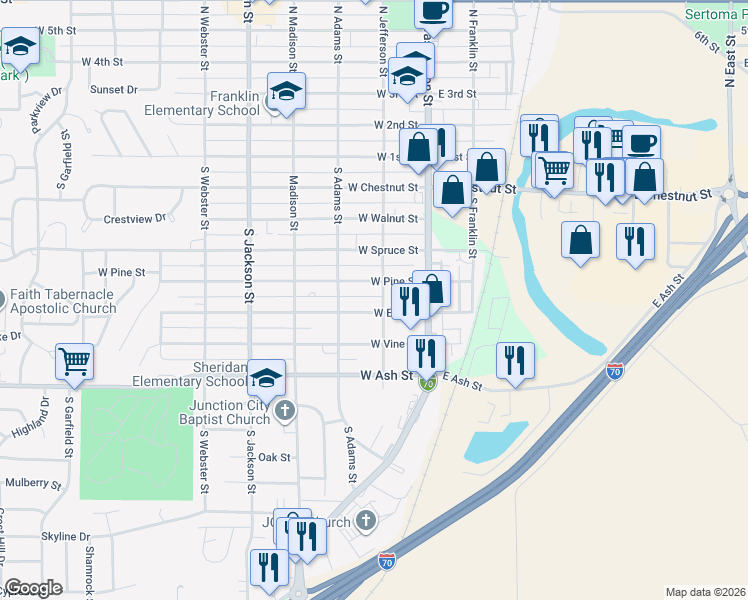 map of restaurants, bars, coffee shops, grocery stores, and more near 226 West Elm Street in Junction City