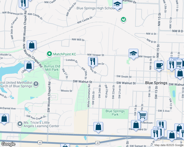 map of restaurants, bars, coffee shops, grocery stores, and more near 2500 Southwest Paris Drive in Blue Springs