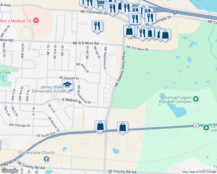 map of restaurants, bars, coffee shops, grocery stores, and more near 329 Northeast Adams Dairy Parkway in Blue Springs
