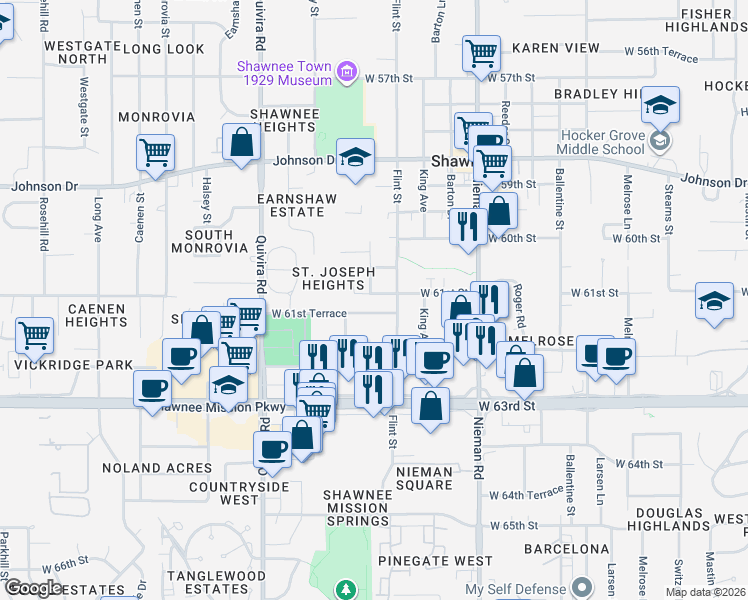 map of restaurants, bars, coffee shops, grocery stores, and more near 11424 West 61st Terrace in Shawnee