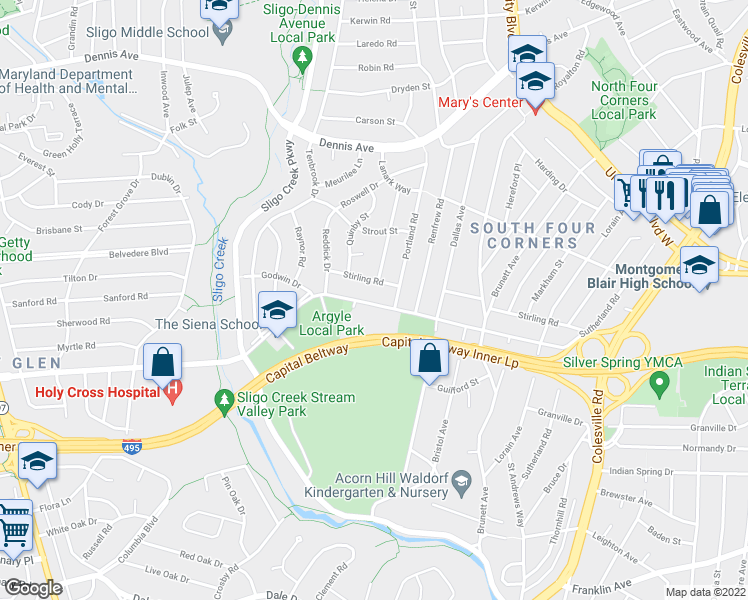 map of restaurants, bars, coffee shops, grocery stores, and more near 1007 Forest Glen Road in Silver Spring