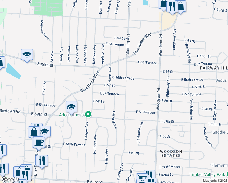 map of restaurants, bars, coffee shops, grocery stores, and more near 11016 East 57 Terrace in Raytown