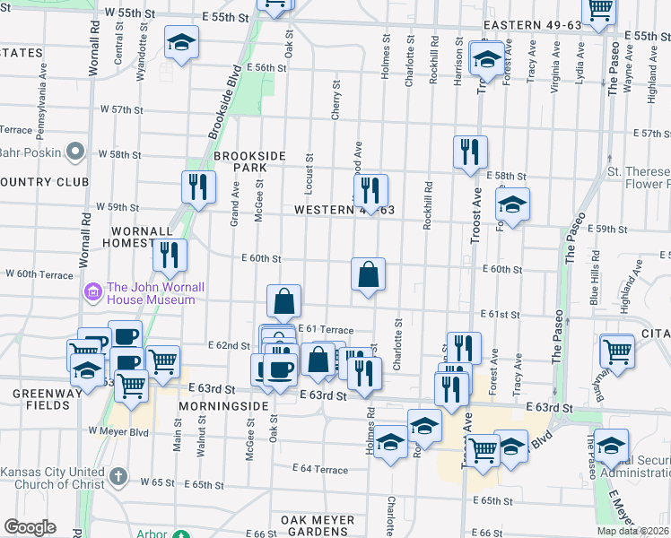 map of restaurants, bars, coffee shops, grocery stores, and more near 6015 Cherry Street in Kansas City