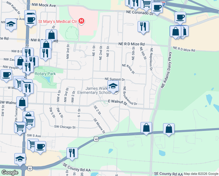map of restaurants, bars, coffee shops, grocery stores, and more near 408 Northeast Lakeview Drive in Blue Springs